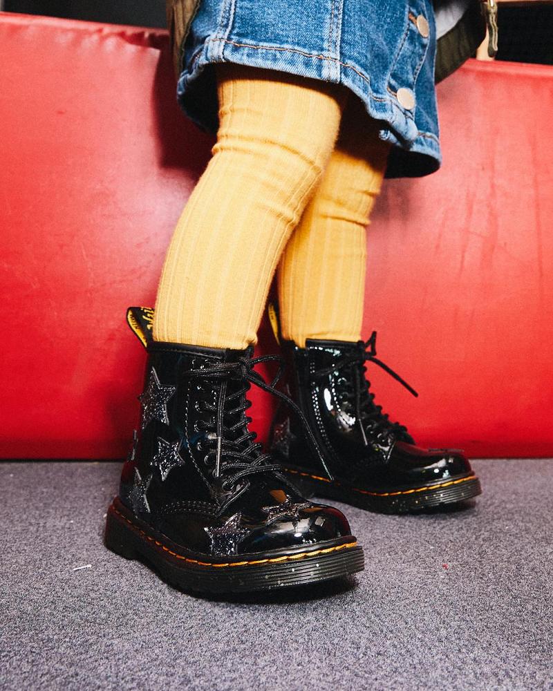 Dr Martens Toddler 1460 Glitter Star Lak Snørestøvler Børn Sort | DK 694XYU